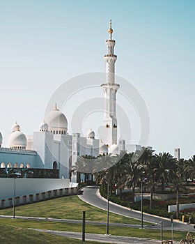 Sheikh Zayed Grand Mosque in Abu Dhabi, United Arab Emirates seen from a public overpass