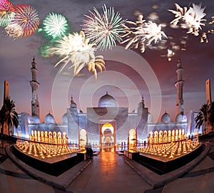Sheikh Zayed Grand Mosque against firework in Abu-Dhabi, United Arab Emirates