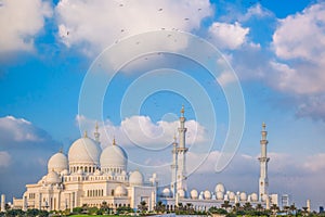 Sheikh Zayed Grand Mosque with birds, Abu-Dhabi, United Arab Emirates