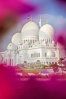 Sheikh Zayed Grand Mosque with flowers in Abu-Dhabi, United Arab Emirates