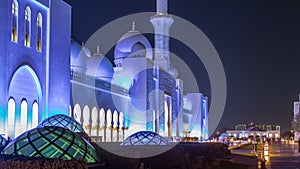 Sheikh Zayed Grand Mosque illuminated at night timelapse, Abu Dhabi, UAE.