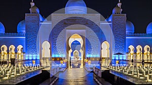 Sheikh Zayed Grand Mosque illuminated at night timelapse, Abu Dhabi, UAE.