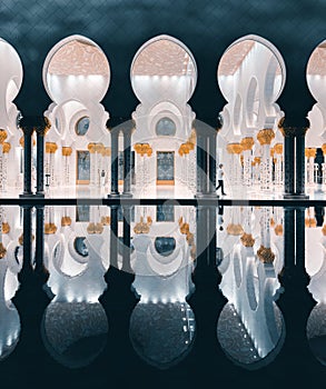 The Sheikh Zayed Grand Mosque at night, in Abu Dhabi, United Arab Emirates