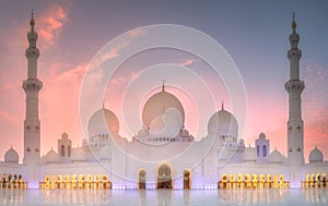 Sheikh Zayed Grand Mosque at sunset Abu-Dhabi, UAE