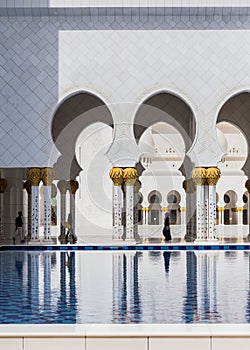 Sheikh Zayed Mosque Left Wing Corridor with Pool, The Great Marble Grand Mosque at Abu Dhabi, UAE