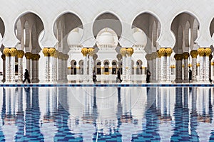 Sheikh Zayed Mosque Left Wing Corridor with Pool, The Great Marble Grand Mosque at Abu Dhabi, UAE