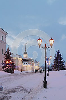 Sheinkman Street in winter evening. Kazan, Russia