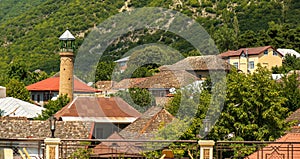 Sheki Tourist Destination in Caucasus Mountains, rooftops on the road to Khan Palace