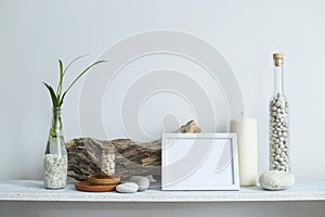 Shelf against white wall with decorative candle, glass, wood and rocks. Home plant in pot