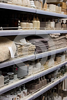 a shelf with bathroom accessories.