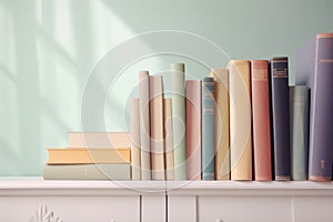 Shelf with books on pastel color wall background. Generative AI.
