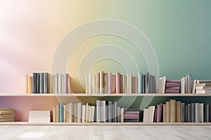 Shelf with books on pastel color wall background. Generative AI.