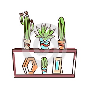 Shelf with cactus color line icon. Standing furniture with horizontal shelves, used to store books, plants, decorations