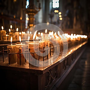 Shelf in a church with candles lit and arranged in a row, AI-generated.