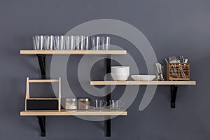 Shelf with clean dishware