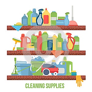 Shelf with Cleaning supplies. Concept illustration for shop with sanitary objects. Equipment of housecleaning. Vector