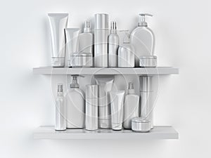 Shelf with cosmetics and toiletries.