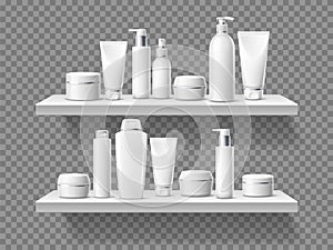 Shelf with creams. Realistic skin care cosmetic packaging. Beauty and health products. Different 3d tubes. Moisturizer