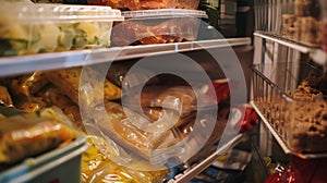 A shelf in a deep freezer cluttered with various packages of frozen leftovers and meals