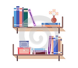 Shelf with different books, box, casket and flower pot on white isolated background. Interior objects.