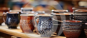 Shelf displaying array of ceramic dishware and pottery bowls