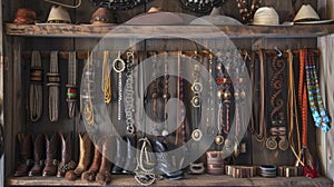 A shelf filled with cowboyinspired accessories such as bolo ties and boot toppers for a touch of Western flair photo