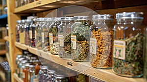 A shelf filled with jars and bottles each containing a different type of herbal remedy. The labels are written in a
