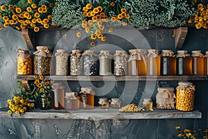 Shelf Filled With Jars and Flowers