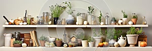 A shelf filled with lots of potted plants and jars in kitchen