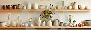 A shelf filled with lots of potted plants and jars in kitchen