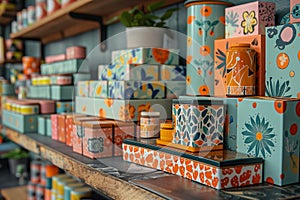 Shelf filled with various colorful boxes, creating a vibrant and organized display