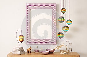 Shelf with frame and decor  Turkish or oriental lamp  3d rendering