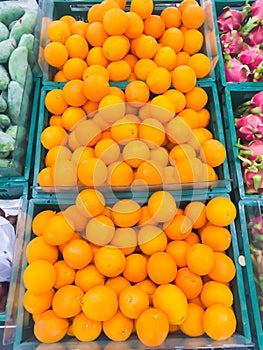 Shelf with Fresh fruits and vegetable in supermarket  Healthy food concept.