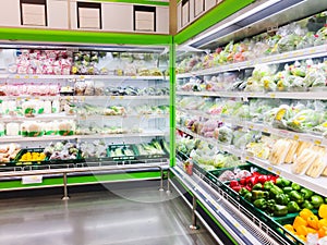 Shelf with Fresh fruits and vegetable in supermarket Healthy food concept.