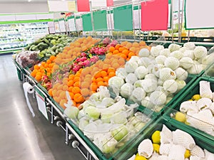 Shelf with Fresh fruits and vegetable in supermarket  Healthy food concept.