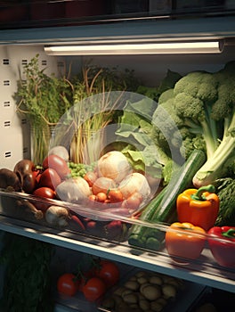 Shelf with fresh raw vegetables in an open fridge, close-up.