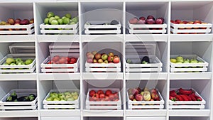 shelf with fruits and vegetables boxes green red