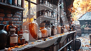 Shelf full of glass bottles with a yellowish brown color photo
