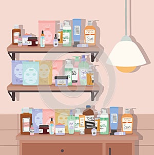 shelf and furniture full of skincare products