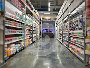 Shelf of goods in department store, Blur focus.