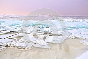 Shelf ice on frozen Ijmuiden, Holland