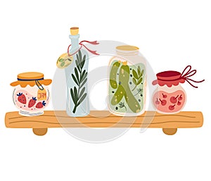 Shelf with jam and various jars. Glass jars with compotes, pickles, jam and olive oil. Concept of harvesting vegetables and fruits photo