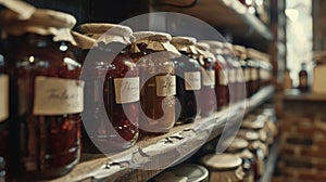 A shelf lined with jars of homemade jams and jellies with handwritten labels and a rustic country feel