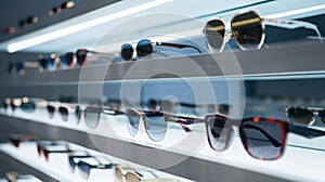 A shelf lined with various designer eyewear frames showcases the diversity and range of styles available in the