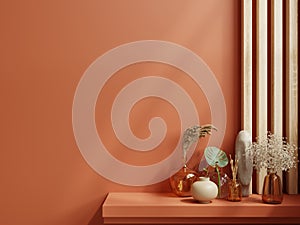 Shelf mockup in modern empty room,dark orange wall