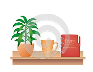 Shelf with plant, cup and diary