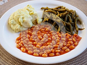 Shelf stable emergency cooking. Meal of baked beans, green beans and instant mashed potatoes