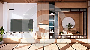 The Shelf wall design zen interior of living room japanese style.3d rendering