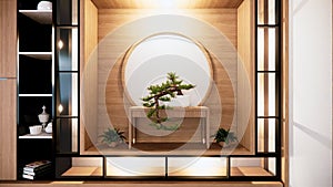 The Shelf wall design zen interior of living room japanese style.3d rendering