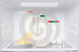 On the shelf of a white refrigerator, stock of products from animal origin, milk, kefir, cream, cheese, eggs and cottage cheese